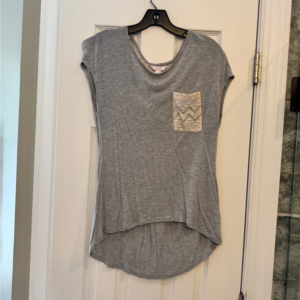 Gray Women's Top with Lace Pocket and Back